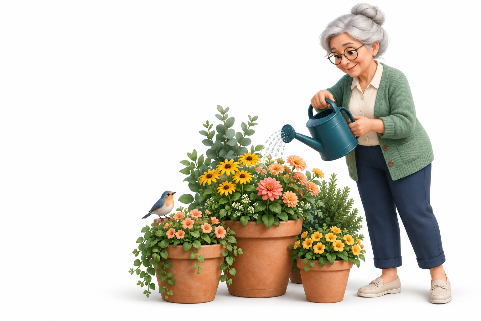 En glad mormor vattnar blommor i sin trädgård, med en liten fågel som sällskap.